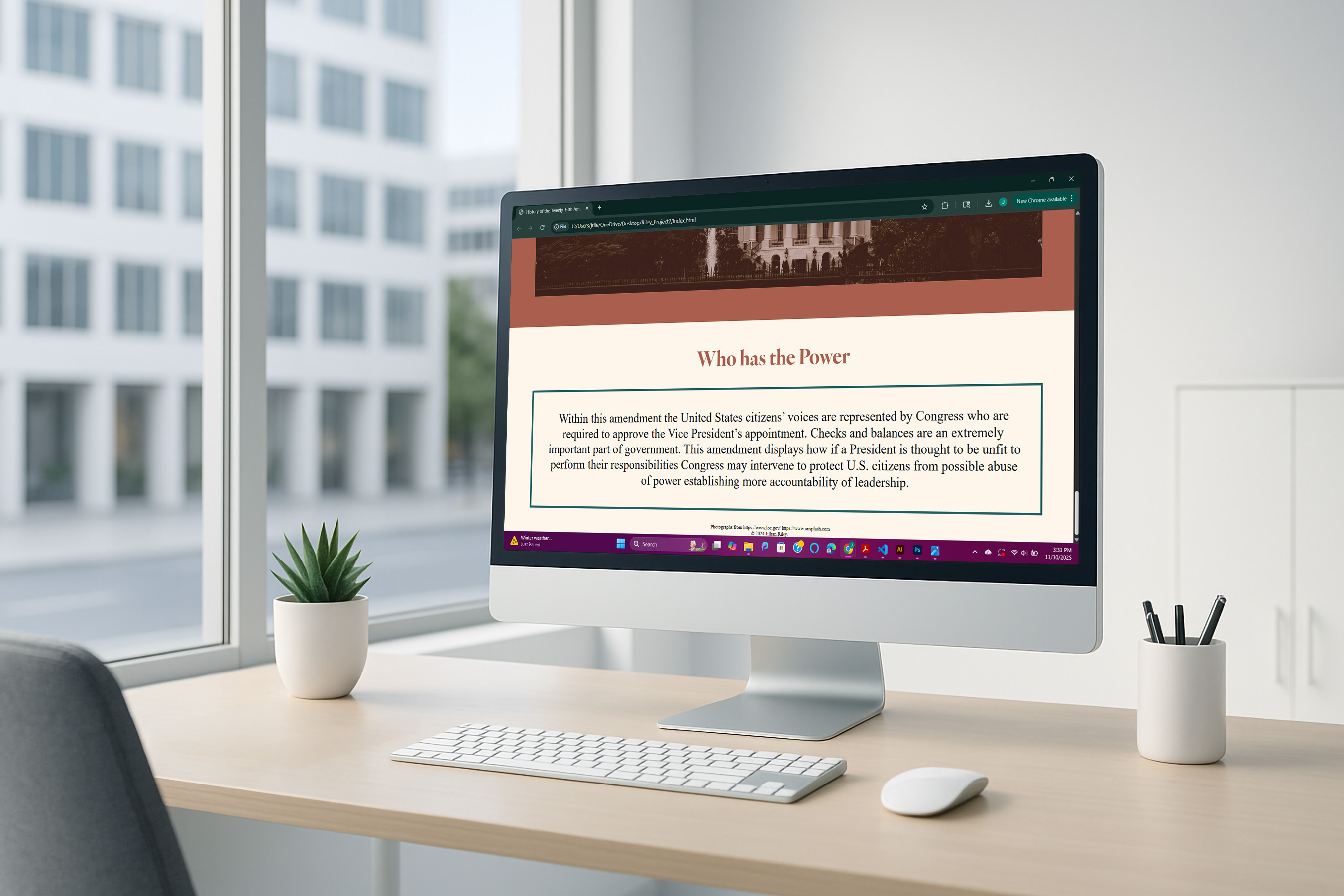 A labtop display of a webpage that describes the 25th amendment