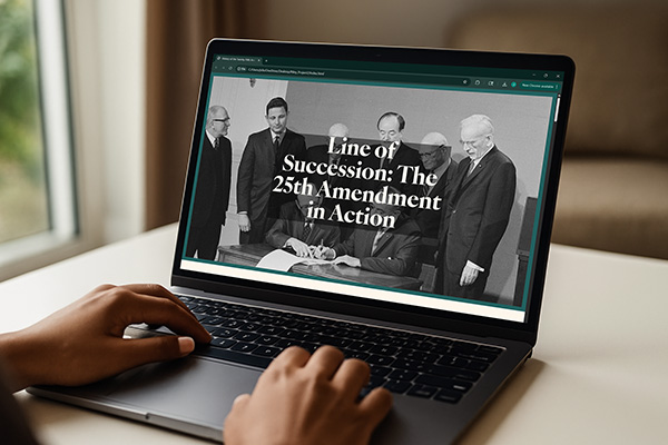 a hand on a labtop with a webpage showing the signing of the 25th amendment