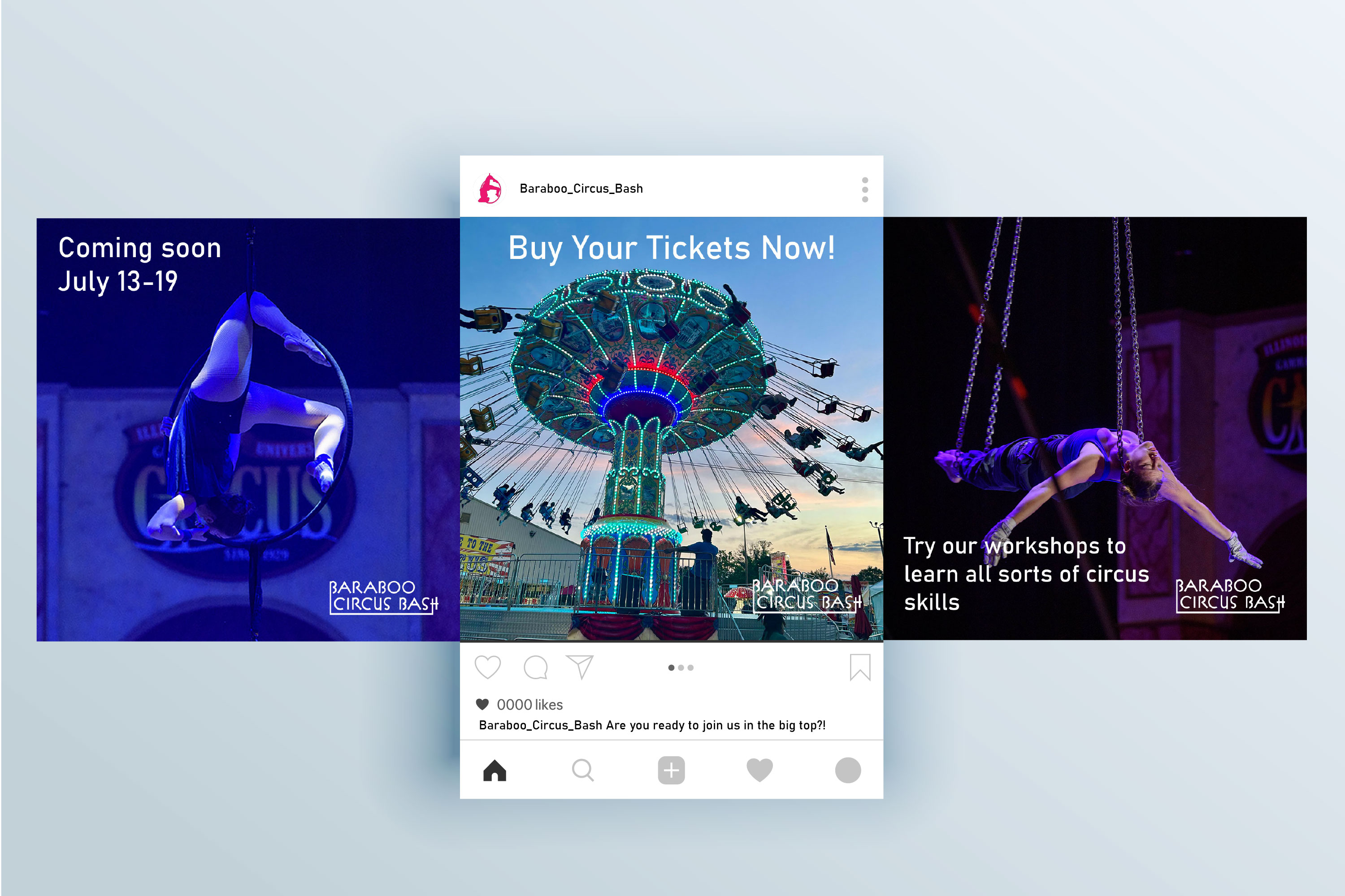 Instagram scroll of various circus content